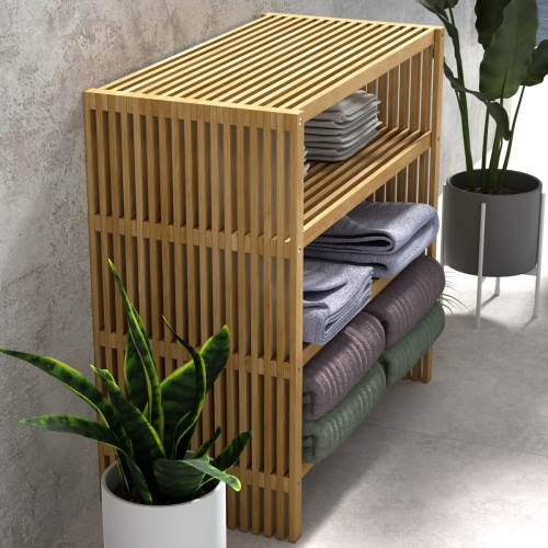18220 Teak Storage Shelf with towels folded on the 3 shelves in aerial angled view next to 3 potted plants against a wall