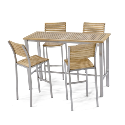 25314 Vogue 5 foot Rectangular Bar Set of 4 barstools and rectangular teak and stainless steel table on white background