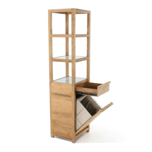 70089 Pacifica teak Spa Set linen tower angled view with linen drawer open on white background