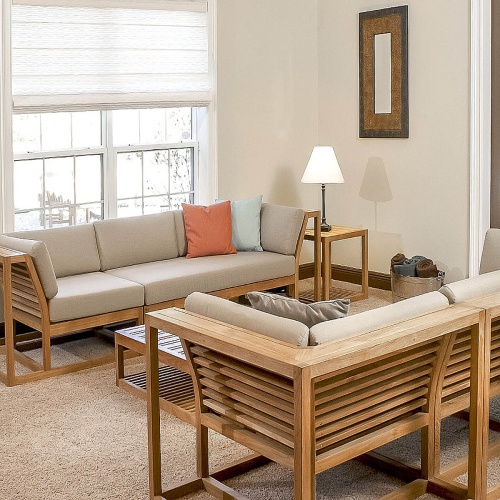 70234 Maya 7 pc Twin Sofa Set with cushions three throw pillows interior back angled view on carpet lamp on side table wall mirror galvanized bucket with rolled towels on floor 