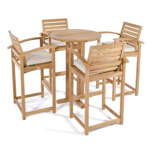 70249 Somerset 5 piece Bistro Bar Set of 4 teak barstools with optional cushions and a round 30 inch diameter bar table angled on a white background