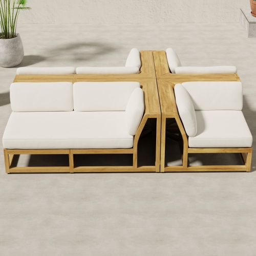 70279 Centerpiece 4 pc Sofa Set of the Maya Left and Right Side Sectional and 2 Corner Sectionals in angled aerial view on concrete terrace with potted plant in background