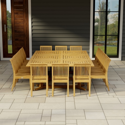  70288 Pyramid Teak Dining Set for 16  in angled view of table top on covered patio with house window and wood door in the background