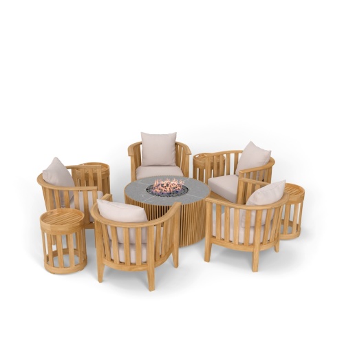 70421 Kafelonia 9 pc Fire Pit Seating Set showing 5 Kafelonia Club Chairs and 4 Side Chairs and Agora Fire Table  in angled aerial view on white background