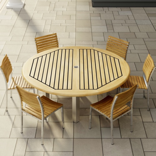 70428 Vogue 7pc Round Dining Set of Vogue Round DIning Table and 6 Vogue Side Chairs in angled aerial view on tile patio 