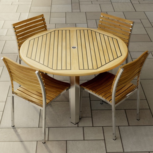 70438 Vogue Dining Set for 4 of Vogue Teak and Stainless Steel 48 inch Round Dining Table and 4 Vogue Stacking Dining Chair angled aerial view showing closeup of table top on patio