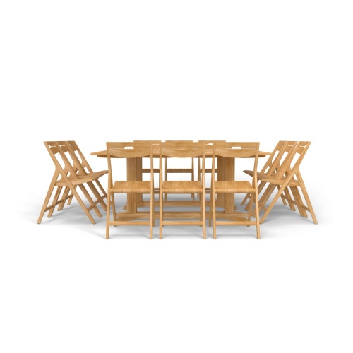 70458 Surf Pyramid Dining Set for 12 shown with 12 Surf Dining Chairs and 2 Pyramid Rectangular teak Dining Tables in side profile view on white background