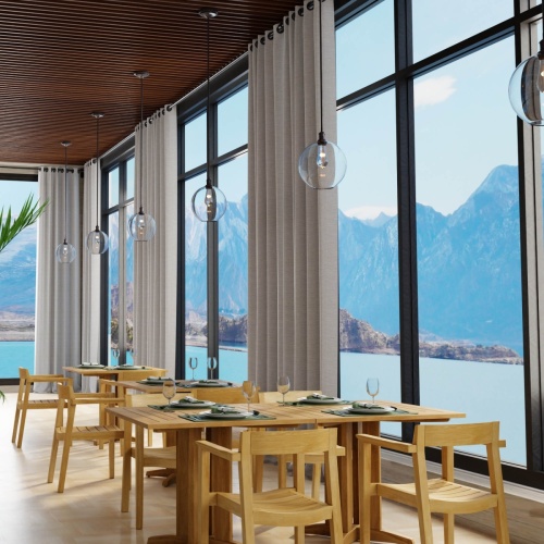 70531 Horizon Pyramid 5 piece Dining Set showing 3 in a restaurant next to large windows overlooking a lake and mountains in background