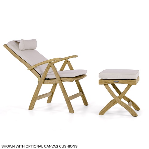 70706 Barbuda Teak Recliner & Ottoman Side Table Set with optional cushions in reclined position in side view on white background