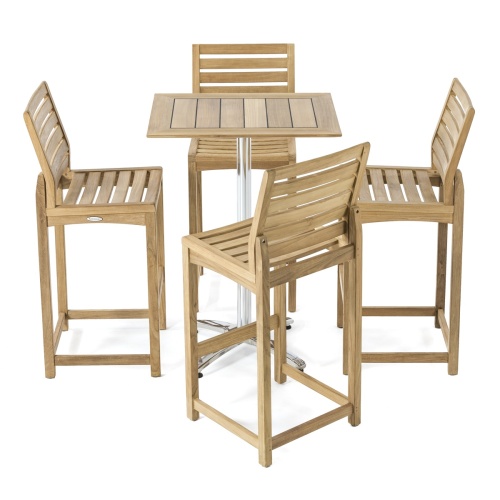 BRADLEY4BH Stainless Steel 5 piece high bar table Set of 4 teak side chairs and teak & stainless steel bar table on white background 