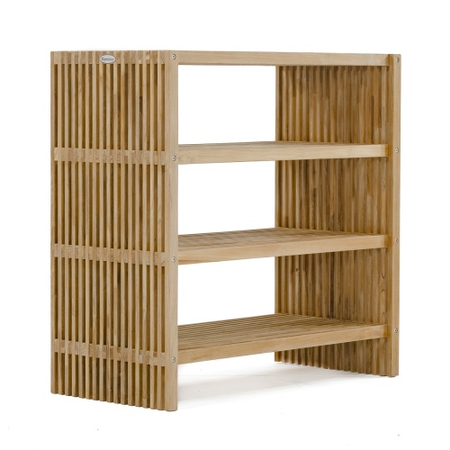 18220 Teak Storage Shelf angled view with 3 shelves on white background