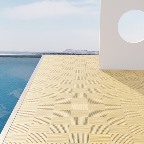 18403 Callebotise Teak Floor Tiles on patio next to a pool with coastal views in the background