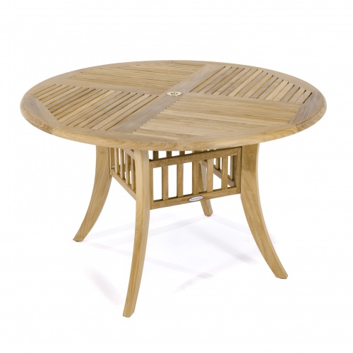 70045 Hyatt Recliner round 48 inch diameter teak dining table angled top view on white background