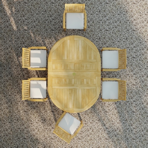 70214 Martinique Sussex Teak 7 pc Dining Set of Martinique Teak Oval Table and 6 Sussex Teak stacking Arm Chairs with optional seat cushions in aerial view on patio