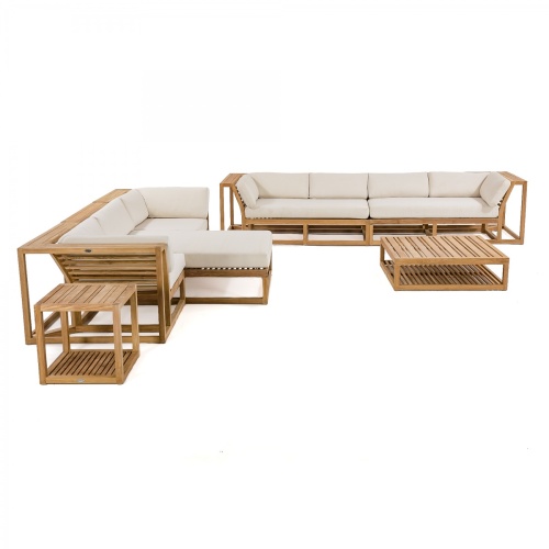 70233 Maya 7 Piece Teak Sectional Sofa Set with canvas colored cushions in angled view on white background