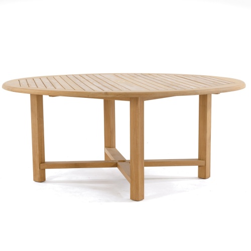 70238 Buckingham Horizon teak 72 inch diameter dining table side angled view on white background