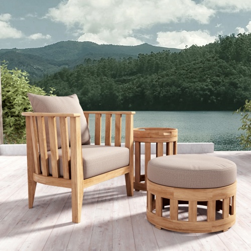 70257 Kafelonia teak 3 pc Set showing 4 Sets on tile floor of a hotel lobby