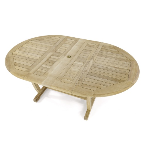15548 Martinique Teak Table shown with double butterfly leaves extended angled aerial view of table top on white background