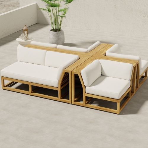 70279 Centerpiece 4 pc Sofa Set of the Maya Left and Right Side Sectional and 2 Corner Sectionals in angled aerial end view on concrete terrace next to a potted plant with tree and ocean view