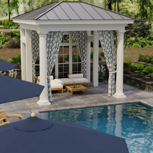 70281 Aman Dais 4 pc Lounge Sofa Set in angled aerial view under a covered pergola with pool and trees in background 