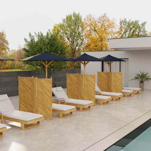 70308 Horizon teak Chaise Lounger with optional cushion showing 6 in aerial angled view facing pool with building and trees in background