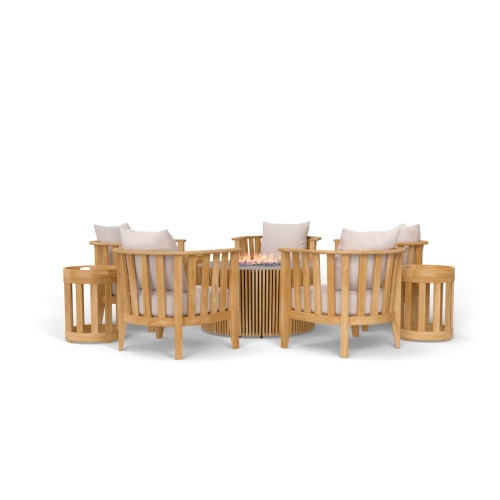 70421 Kafelonia 9 pc Fire Pit Seating Set showing 5 Kafelonia Club Chairs and 4 Side Chairs and Agora Fire Table  in side view on white background