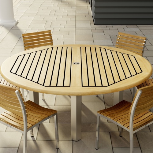 70428 Vogue 7pc Round Dining Set showing closeup of Vogue 6 ft Round DIning Table and 6 Vogue Side Chairs in angled aerial view on tile patio pillar in background 