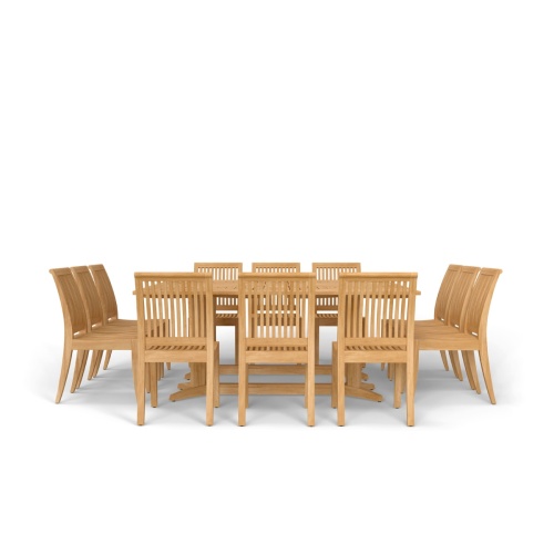  70435 Pyramid 14 pc Teak Dining Set  of 2 Pyramid Rectangular Tables and 12 Laguna Side Chairs in side view on white background