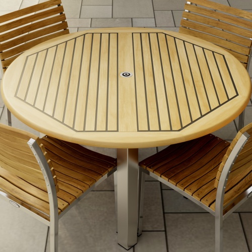 70438 Vogue Dining Set for 4 of Vogue Teak and Stainless Steel 48 inch Round Dining Table and 4 Vogue Side Dining Chairs in side view on white background