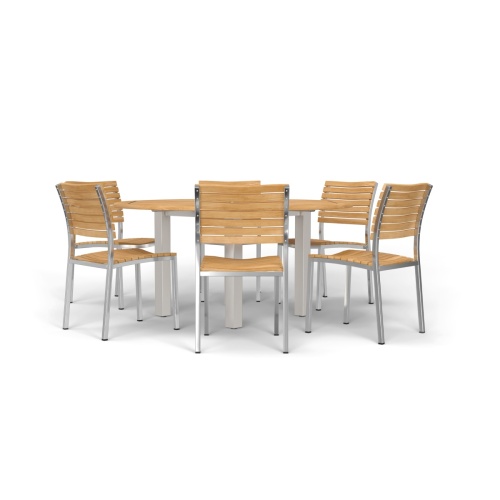 70439 Vogue Dining Set for 6 of Vogue Teak and Stainless Steel 60 inch Round Dining Table and 6 Vogue Side Dining Chairs angled aerial view 