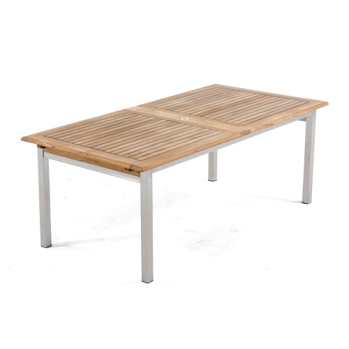 25025 Vogue Teak and Stainless Steel Extendable Table angled end view on white background