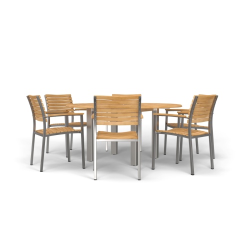 70442 Vogue Teak 7 pc Dining Set showing Vogue 60 inch Round Dining Table and 6 Dining Chairs in side view on white background