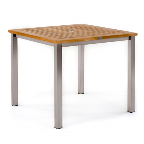 70481 Veranda Vogue teak and stainless steel 36 inch square dining table corner view on white background