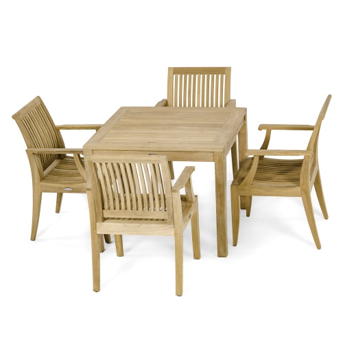 70555 Laguna 5 pc Square Dining Set of Bistro 36 inch Square Teak Dining Table and 4 Laguna Dining Armchairs in angled view of table top on white background 