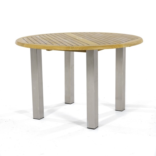 70625 Vogue teak and stainless steel 48 inch diameter round dining table top angled on white background