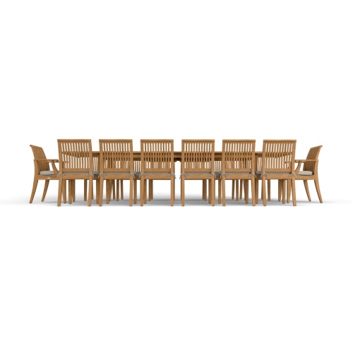 70809 Grand Laguna 15 pc Teak Dining Set of a Grand Laguna Teak 11 ft Table and 2 Dining Armchairs and 12 Side Chairs with optional cushions in side view on white background