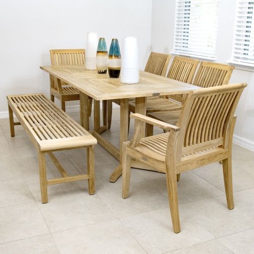 13917 Laguna 6 foot teak Backless Bench with Pyramid dining set on tile in dining room with 2 blue colored vases on table top and windows in background
