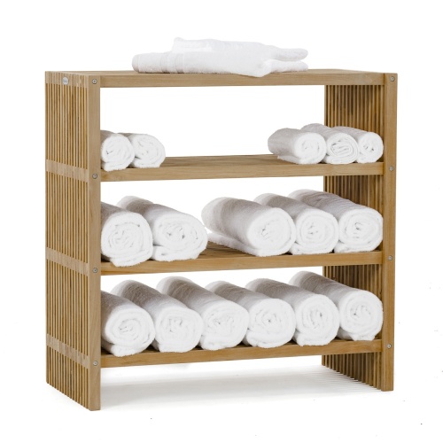 18220 Teak Storage Shelf with towels rolled up on shelves on white background