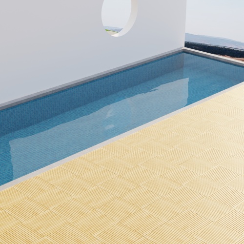 18403 Callebotise Teak Floor Tiles on patio next to a pool with partition wall in the background