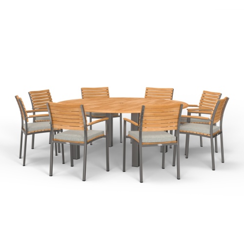 70111 Vogue teak and stainless steel 9 piece72 inch round Dining Set of 8 dining armchairs with optional seat cushions and 72 inch round table in side view on white background