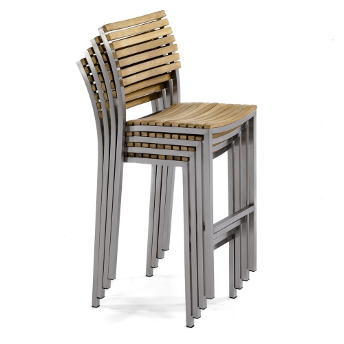 21510 Vogue stainless steel and teak bar stool angled stacked 4 high on white background