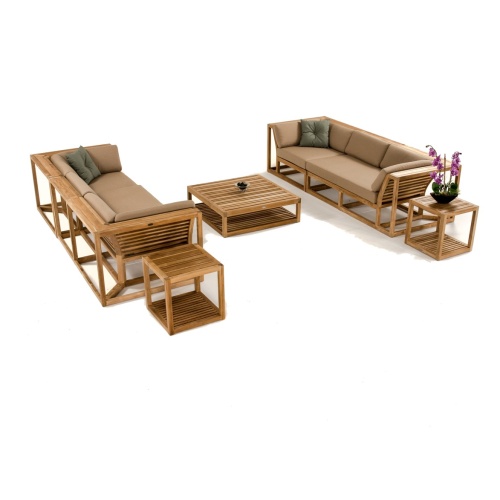 70234 Maya 7 pc Twin Sofa Set with cushions two throw pillows aerial view orchid plant on side table bowl of decorative stones on coffee table on a white background 