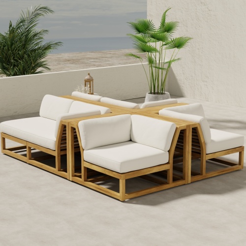 70279 Centerpiece 4 pc Sofa Set of the Maya Left and Right Side Sectional and 2 Corner Sectionals in angled aerial view on concrete terrace with 2 potted plant and house in background