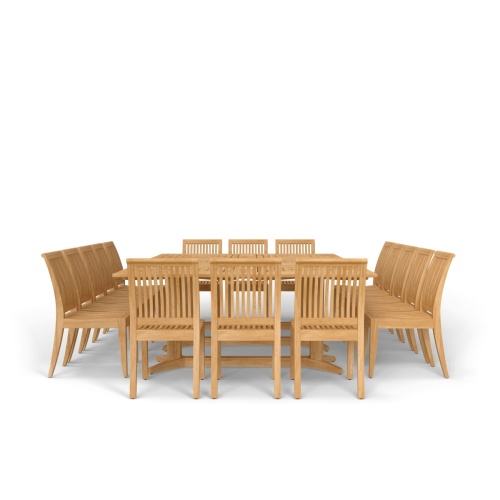 70288 Pyramid Teak Dining Set for 16 showing 3 Pyramid 72 inch Rectangular Dining Tables and 16 Laguna Teak Side Chairs in side view on white background
