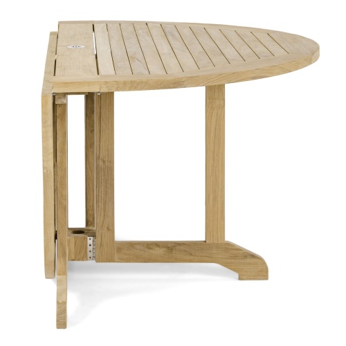 15867 Barbuda 60 inch round drop leaf Folding Dining Table in side view showing one side folded down on white background