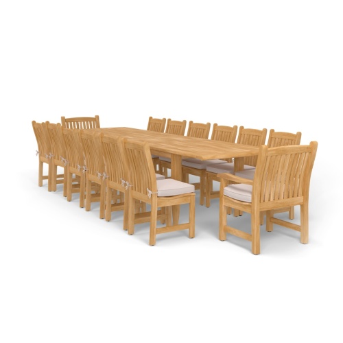 70361 Laguna Veranda 15 piece teak Dining Set of 2 Veranda dining armchairs and 10 dining side chairs with optional cushions and teak rectangular dining table in angled end view on white background