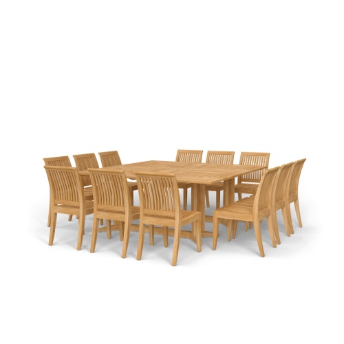 70435 Pyramid 14 pc Teak Dining Set of 2 Pyramid Rectangular Tables and 12 Laguna Side Chairs in angled side view on white background