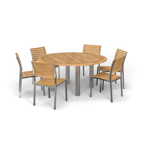 70439 Vogue Dining Set for 6 of Vogue Teak and Stainless Steel 60 inch Round Dining Table and 6 Vogue Side Dining Chairs angled view of table top on white background