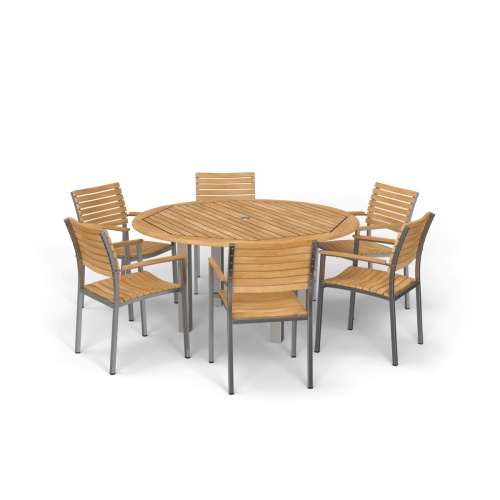 70442 Vogue Teak 7 pc Dining Set showing Vogue 60 inch Round Dining Table and 6 Dining Chairs in angled top view on white background 
