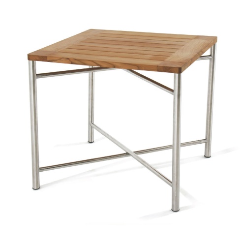 25815 Odyssey teak and stainless steel folding dining table angled side view on white background